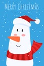 Christmas greeting card and cute Snowman with red scarf and santaÃ¢â¬â¢s cap character. Merry Christmas and Happy New Year. Cartoon Royalty Free Stock Photo